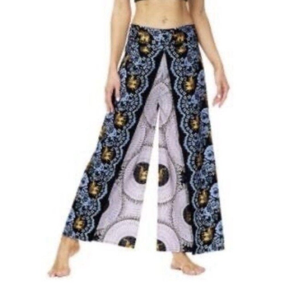 Graphic Elephant Boho Palazzo Slit Wide Leg Pants Yoga Harem Pants Small Medium